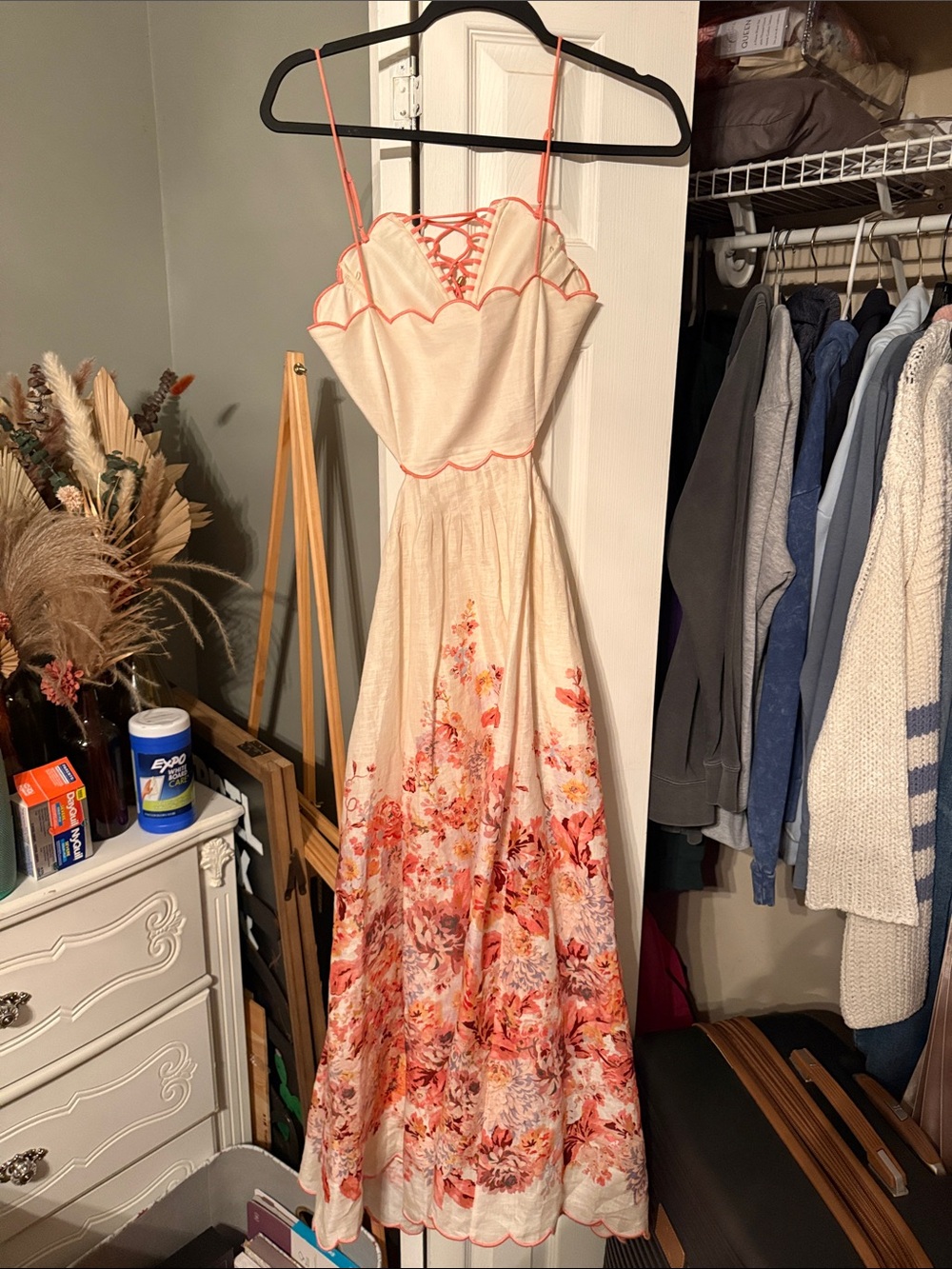 Zimmermann Cream Maxi Dress with Coral Floral Border (worn once)